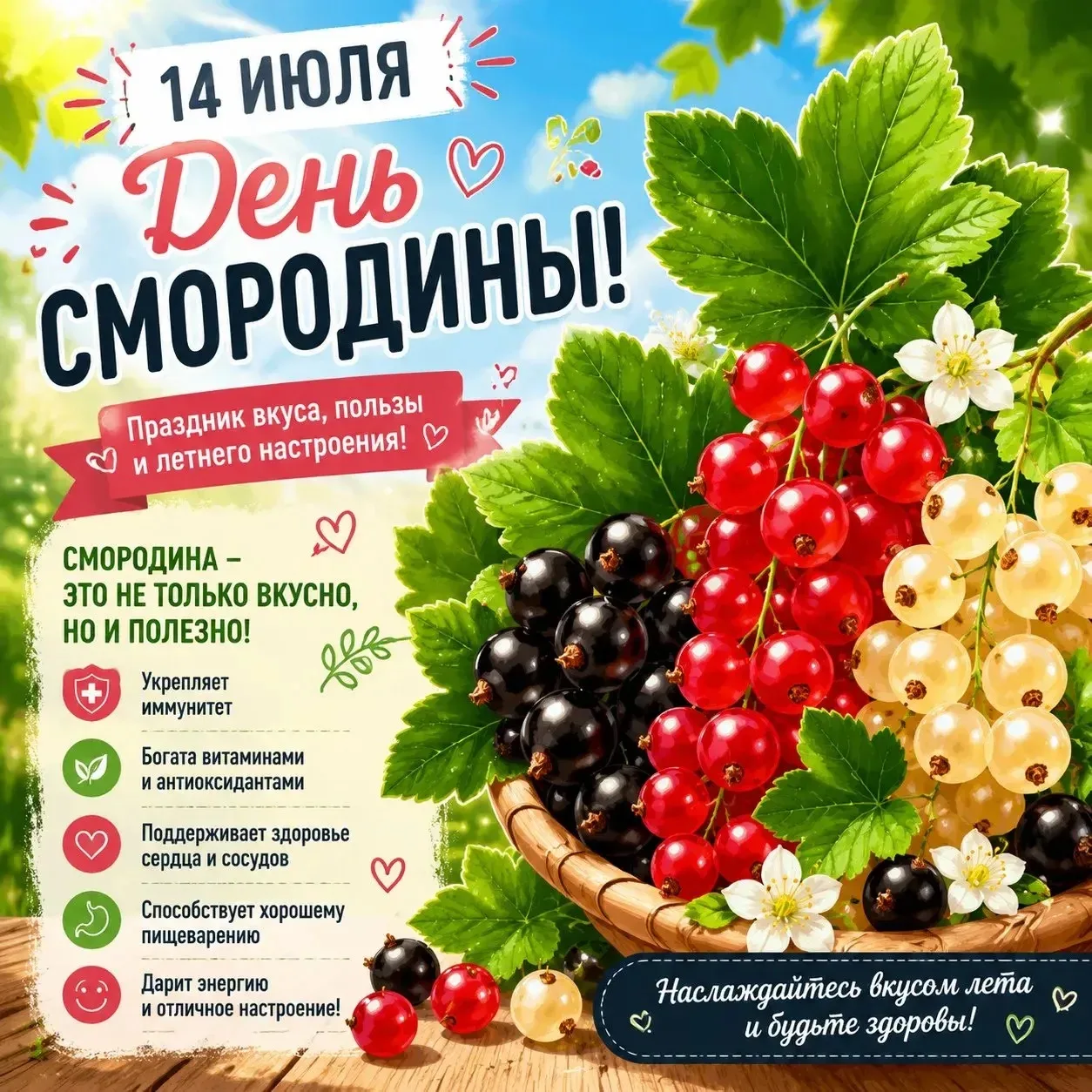 🍇 14 июля — пик сезона смородины! Врачи и садоводы в этот день особенно радуются. 😄

Знаете ли вы,
