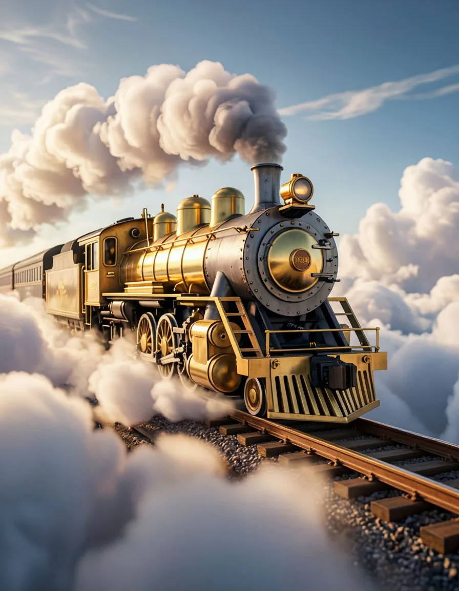 Ultra-realistic, 8K, cinematic photography. A magnificent golden steam locomotive ridin...
