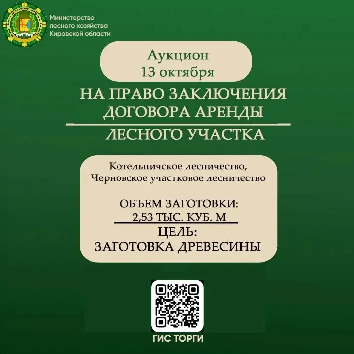 🔔 Министерство лесного хозяйства Кировской области 13 октября 2026 года проводит аукци...