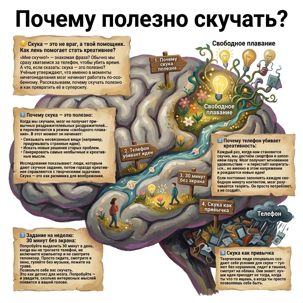 Почему полезно скучать? Развиваем креативность 🧠

😴 Скука — это не враг, а твой помощник. Как лень