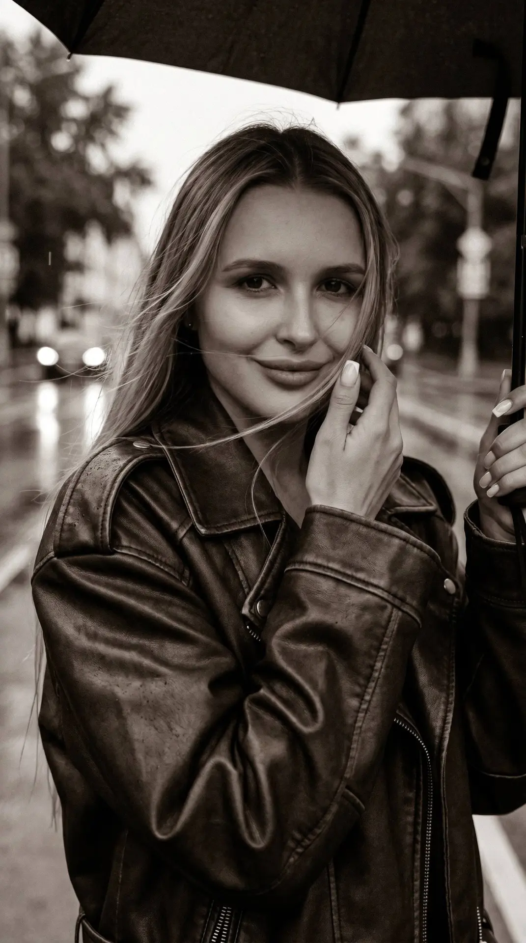 Создай портрет, не меняя черты лица. Крупный план, черно-белая фотография (сепия-монохром), снятая н