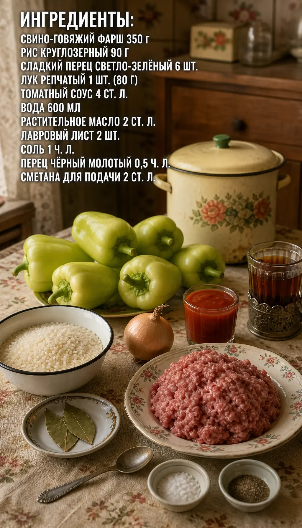 Фаршированные перцы
как в советской столовой
Ингредиенты:
сладкий перец — 6 шт.
фарш — 400 г
рис — 1