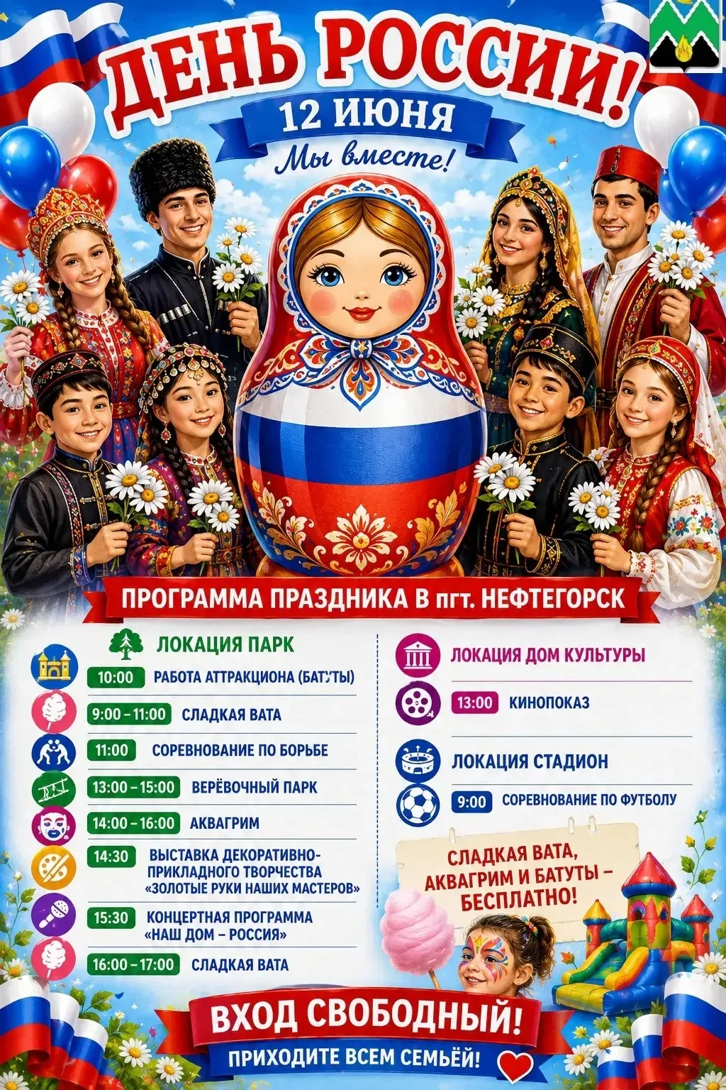 Друзья, 12 июня наш Нефтегорск отметит День России! Будет ярко, весело и по-семейному уютно.

Мы под