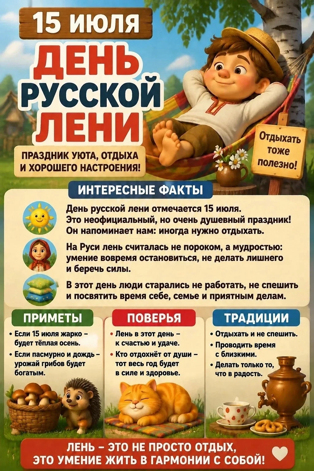 День русской лени отмечается ежегодно 15 июля. Это неофициальный фольклорный праздник.

Праздник зар
