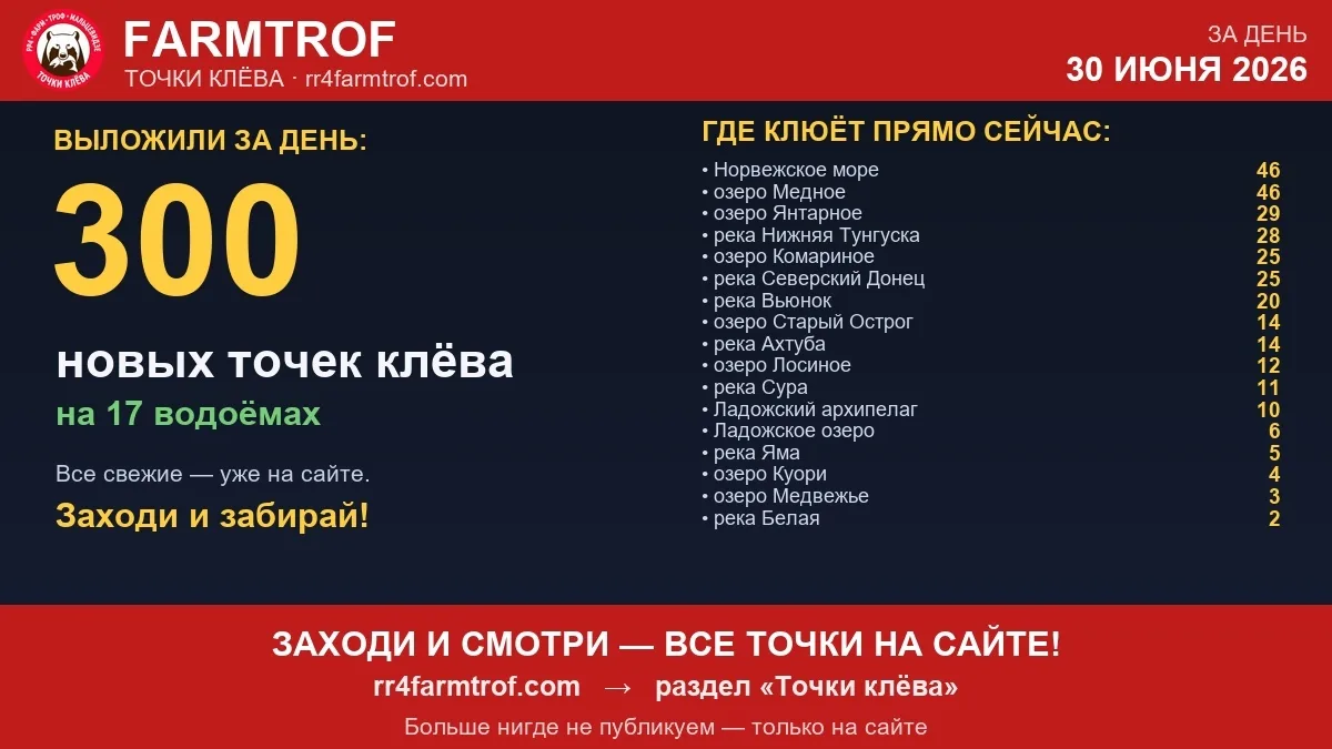 🎣 За день выложили 300 свежих точек клёва — сразу на 17 водоёмах!