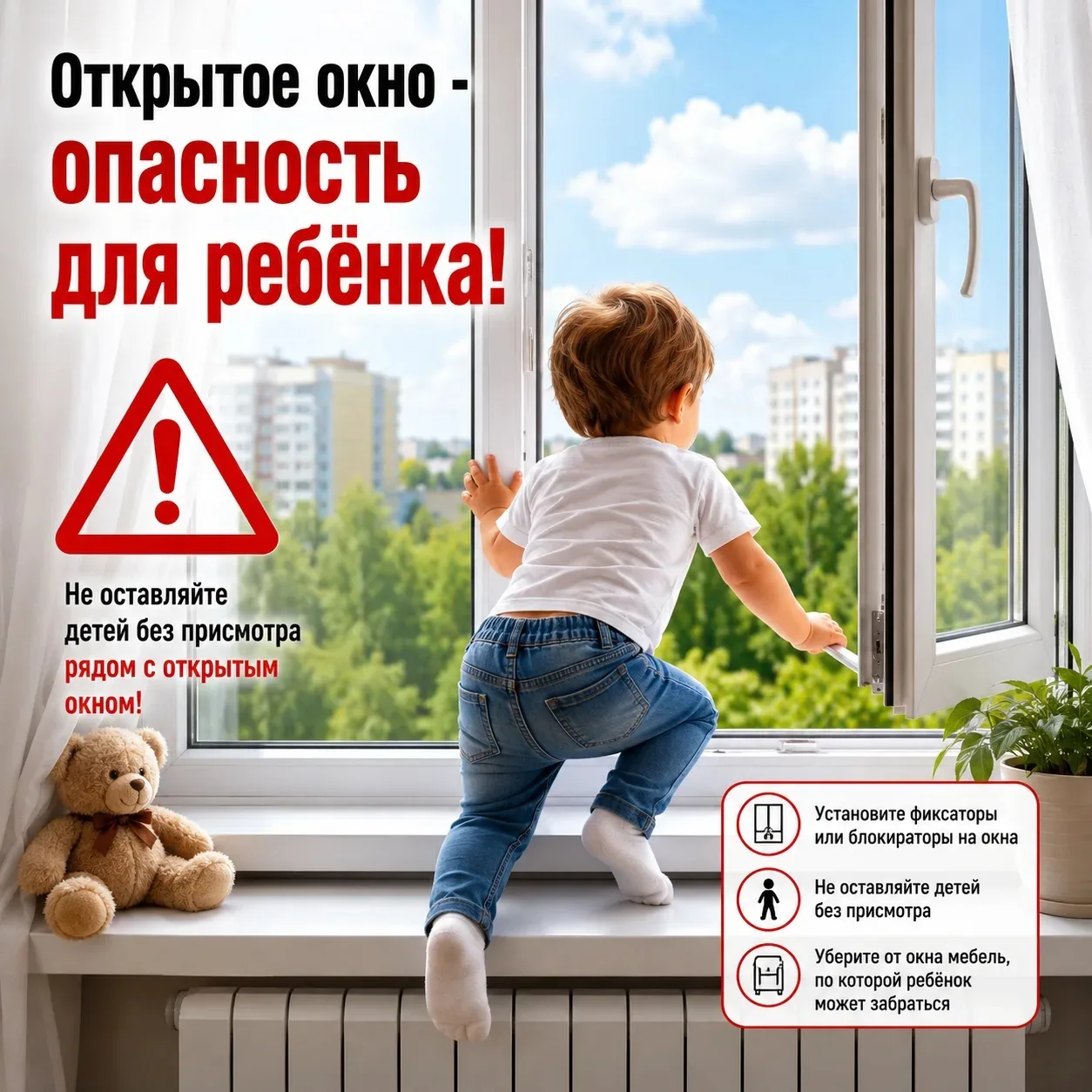 Открытое окно — источник серьёзной опасности для детей.