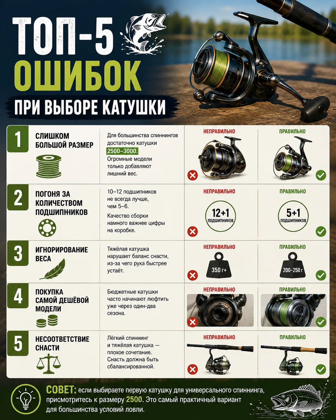 🎣 Топ-5 ошибок при выборе катушки

Даже дорогая катушка не спасёт, если она подобрана неправильно.

