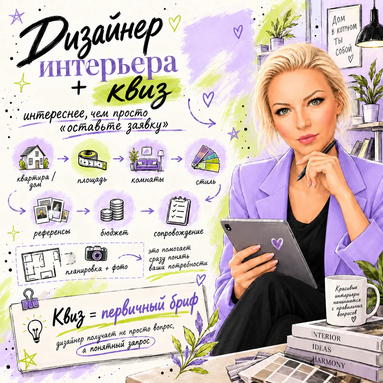 Дизайнер интерьера + квиз - уже интереснее, чем просто «оставьте заявку» 😄