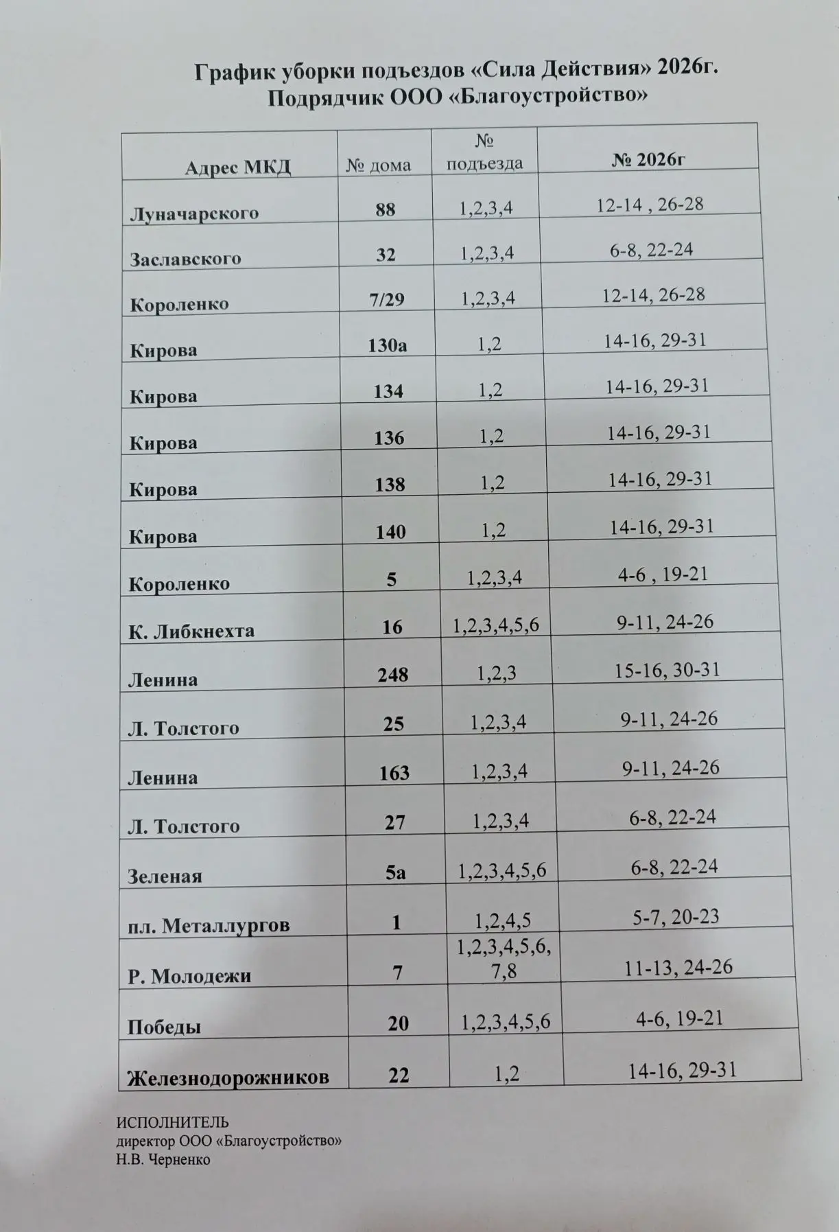Уважаемые жители! Актуализированный график по уборке подъездов на 2026 год