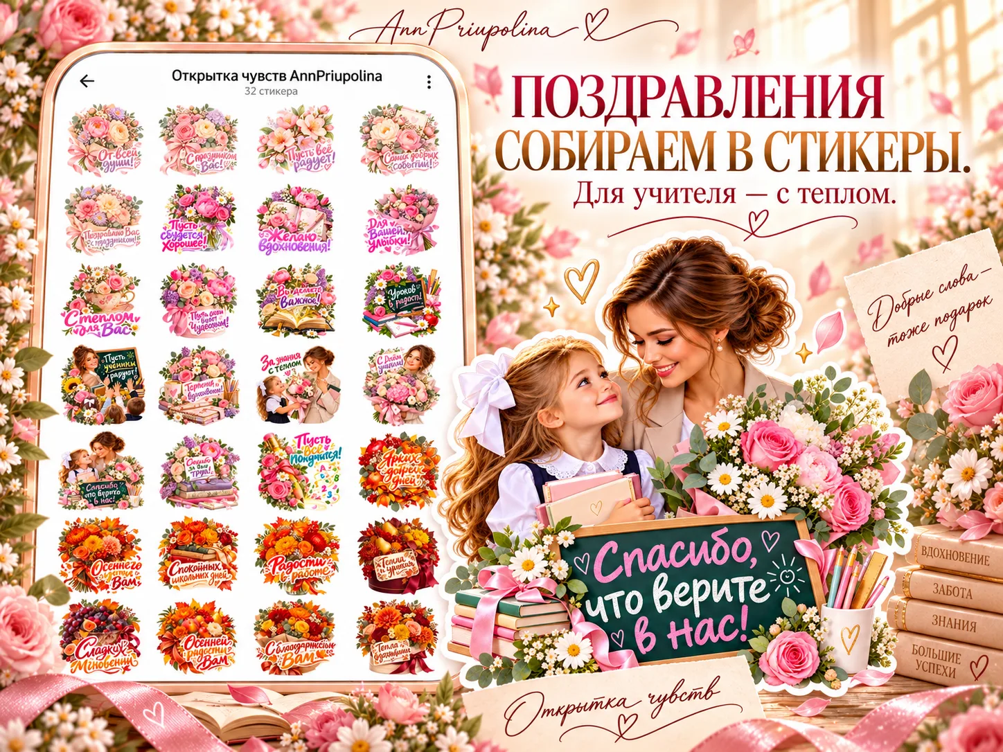 🍂 К понедельнику подготовила для вас новый набор стикеров для учителей 🤍