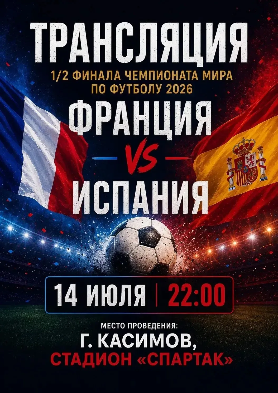 ⚽️ Большой футбол на большом экране!

Приглашаем всех любителей футбола на трансляцию полуфинала Чем