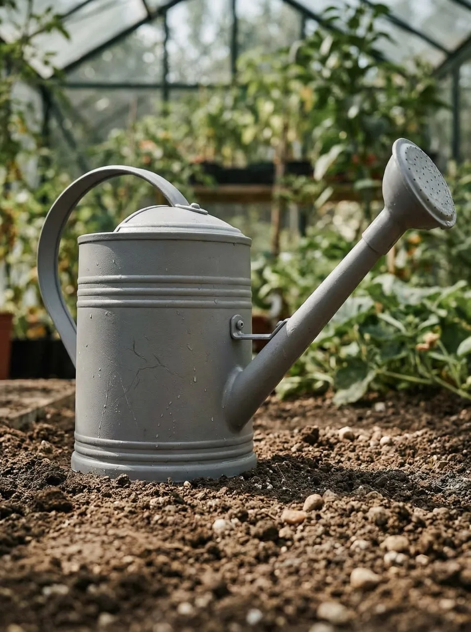Model Appearance — matte gray metal watering can, cylindrical body with subtle horizontal ridges nea