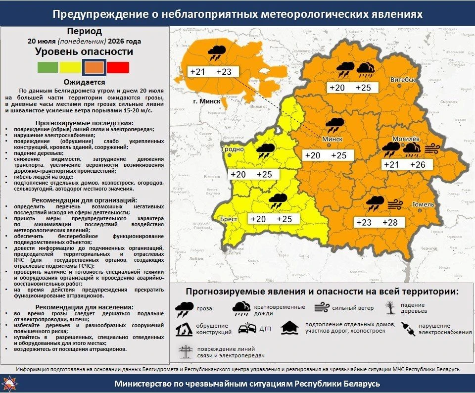 ❗️Оранжевый уровень угрозы объявлен в ряде регионов Беларуси на 20 июля  — МЧС