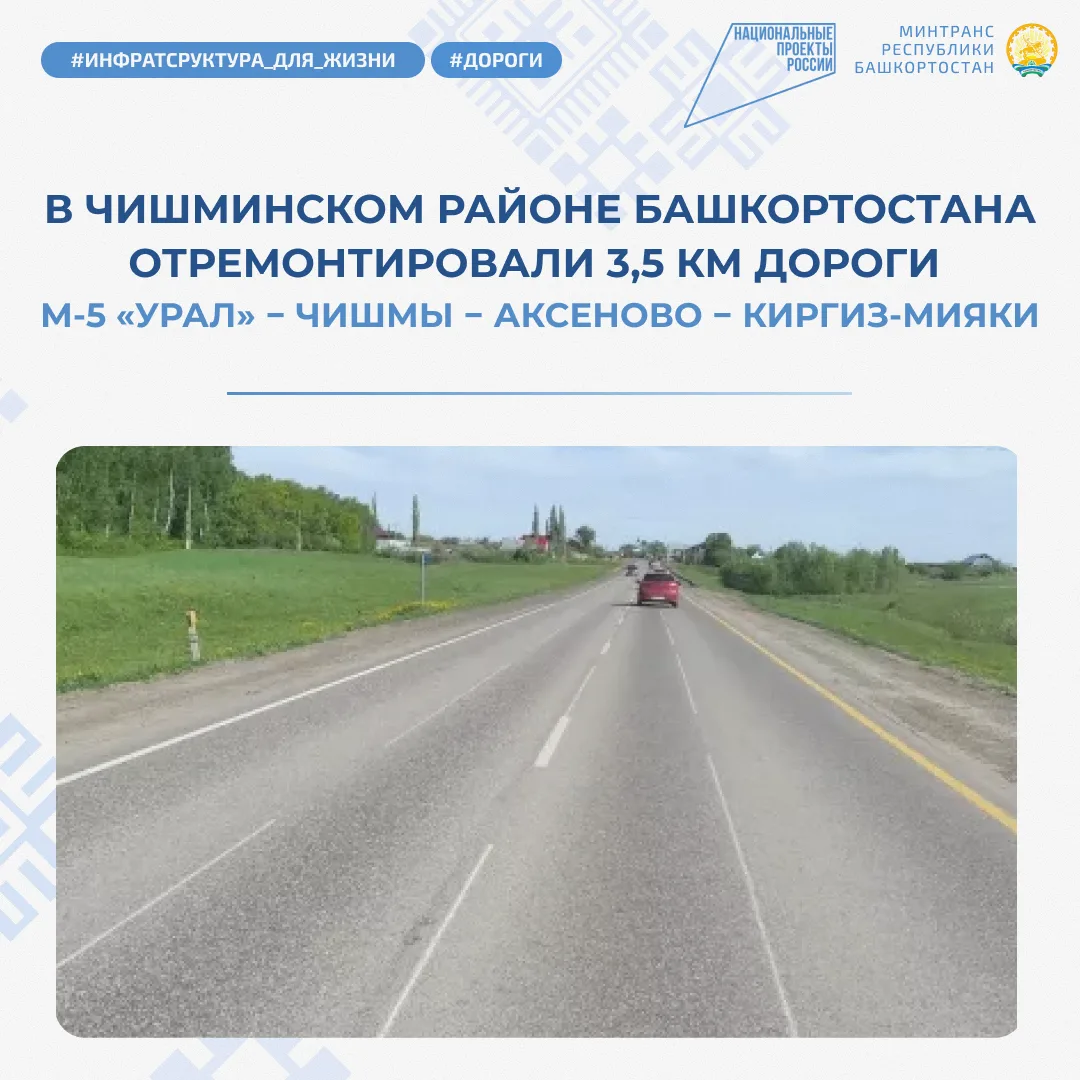 ⚡️ В Чишминском районе завершили ремонт 3,5 км дороги М-5 «Урал» — Чишмы — Аксеново — Киргиз-Мияки

