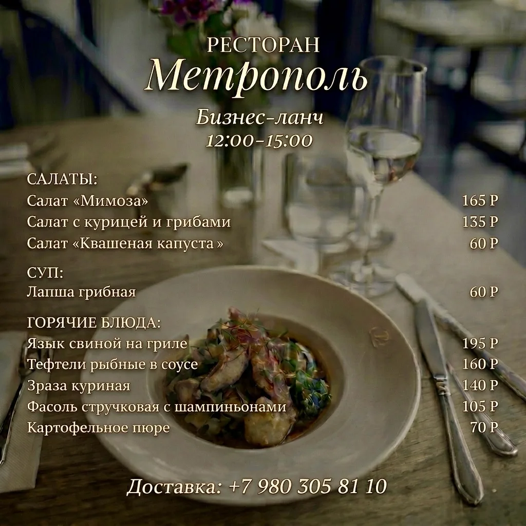 С 12:00 до 15:00 — вкусные, сытные и домашние блюда по приятным ценам.
