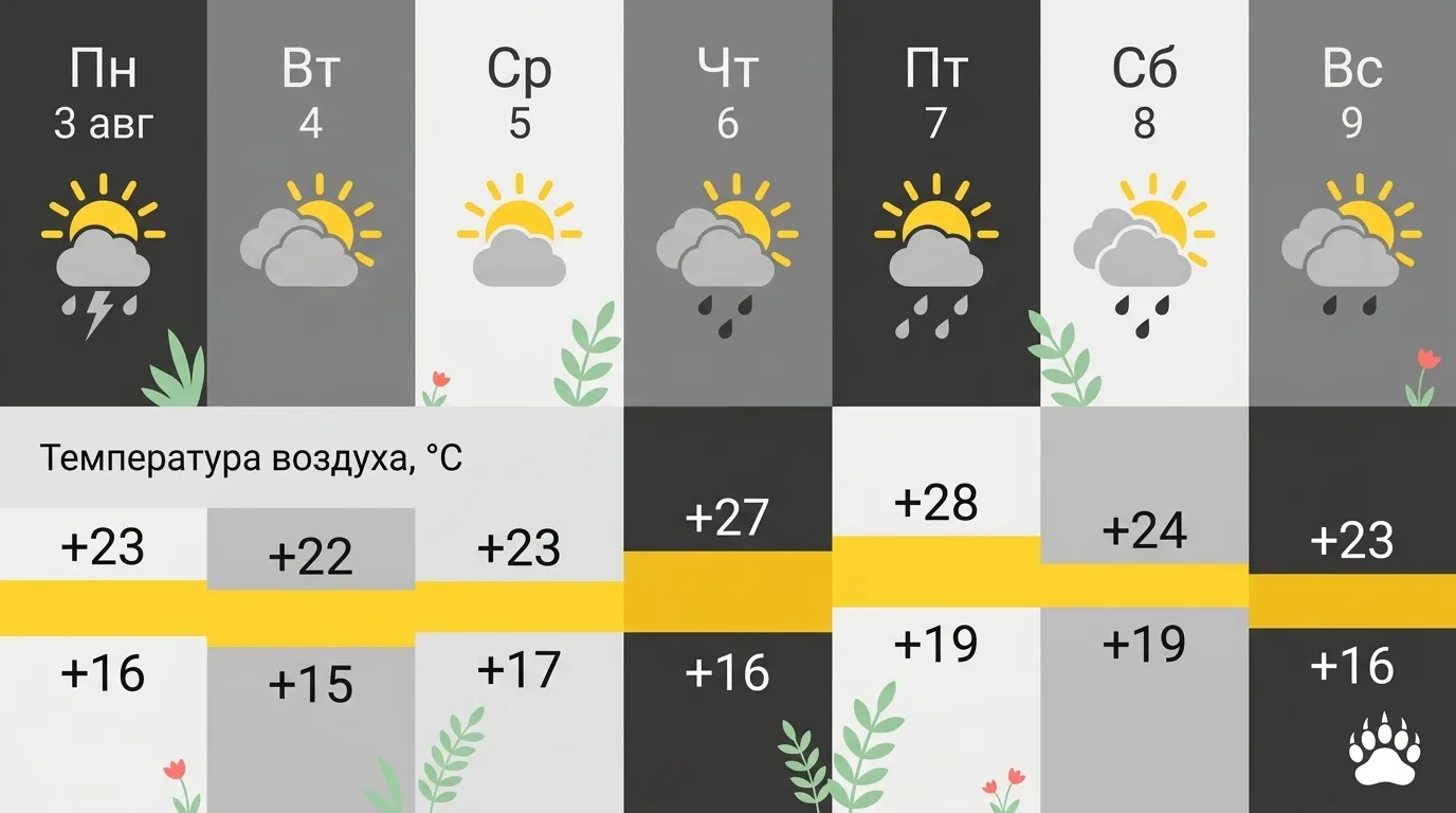 🌤  Предстоящая неделя обещает быть контрастной - успеем и под дождем постоять, и погреться

Первая 