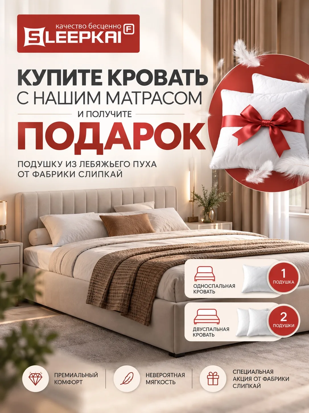 ПОДАРОК К КРОВАТИ — ПОДУШКА ИЗ ЛЕБЯЖЬЕГО ПУХА!