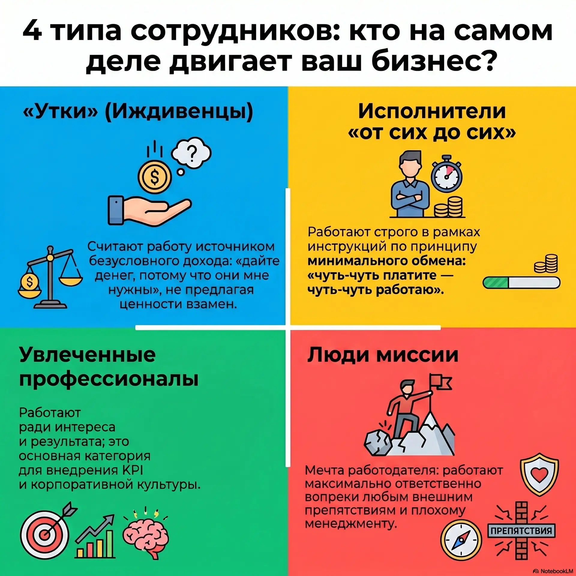 Практические рекомендации к типам сотрудников по мотивации к труду, которые описали тут...