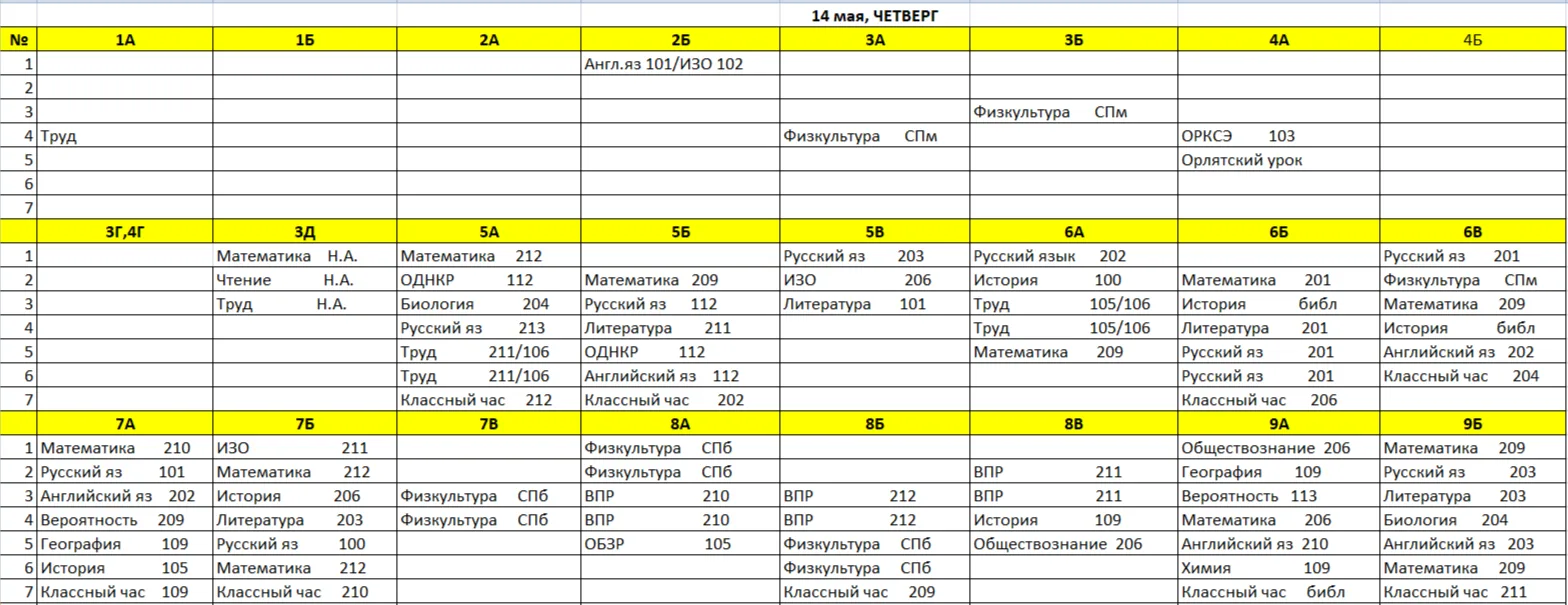 Изменения на завтра в 3а, 7б, 7в, 8в, 8б.