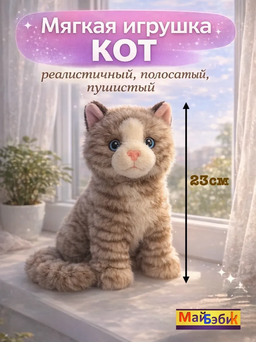 ⚡️ Мягкая игрушка кот реалистичный серый полосатый, МайБэбик