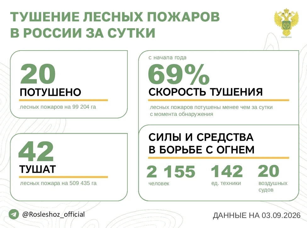 🟢 За прошедшие сутки в 10 регионах России потушили 20 лесных пожаров.