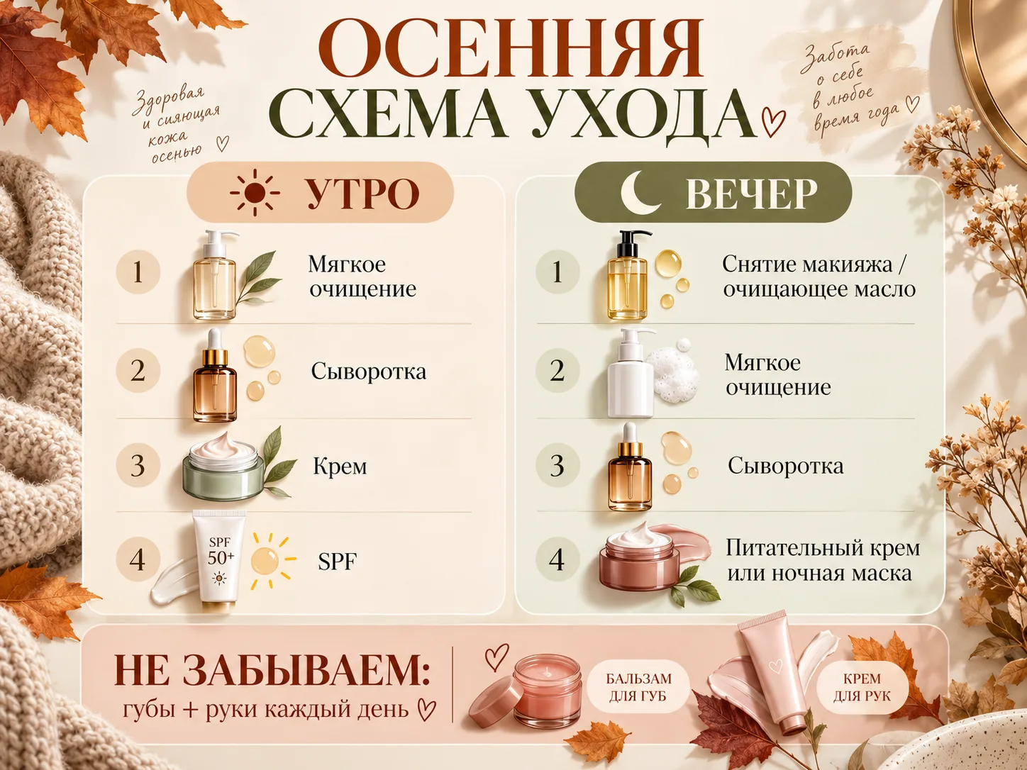 Если коротко, то осенняя схема ухода может быть такой: