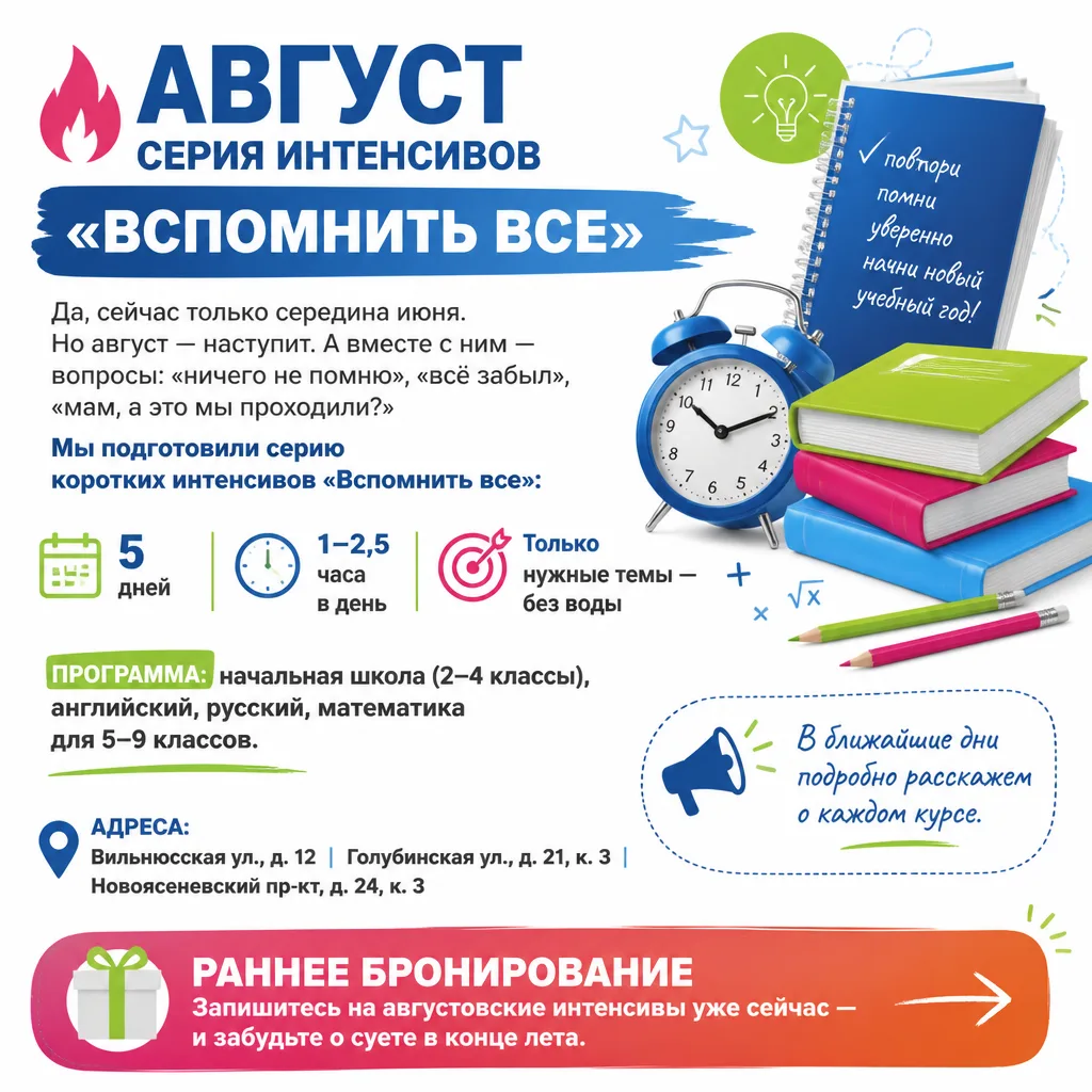 🔥 АВГУСТ. СЕРИЯ ИНТЕНСИВОВ «ВСПОМНИТЬ ВСЕ» 🔥

Да, сейчас только середина июня.
Но август — наступи
