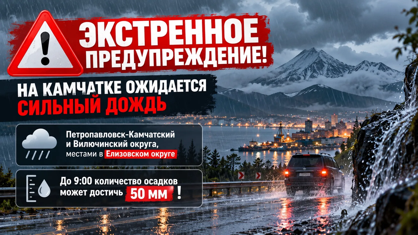 ‼️🌧 На Камчатке объявили экстренное предупреждение из-за сильного дождя
