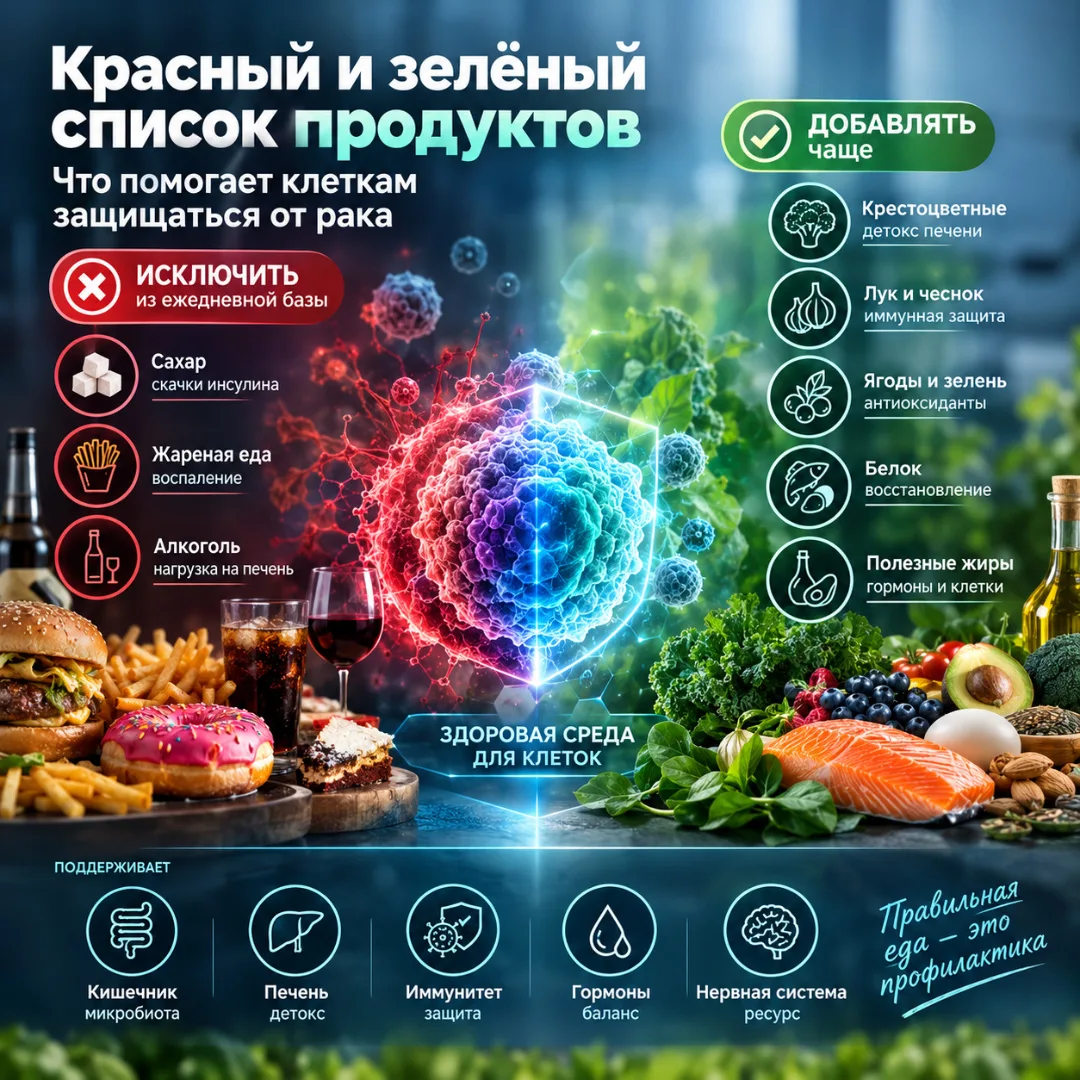 🥦 Красный и зелёный список продуктов: что помогает клеткам защищаться от рака