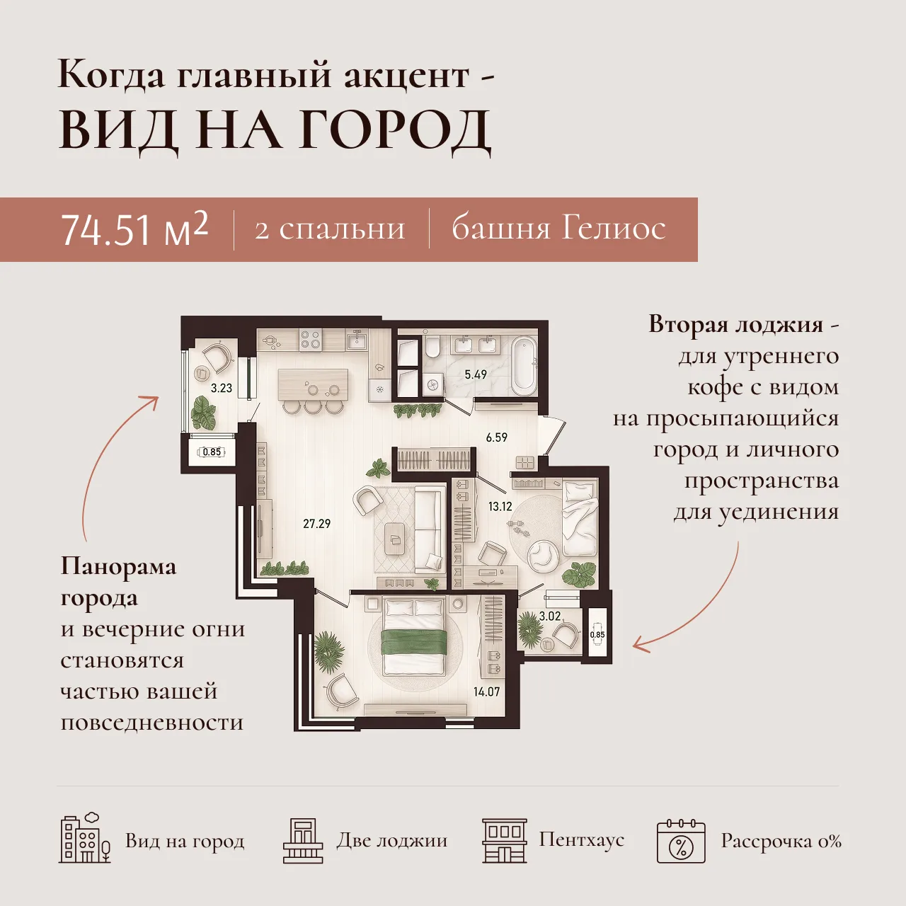 Утренний кофе с видом на город, большая кухня-гостиная для семейных вечеров, мастер-спа...