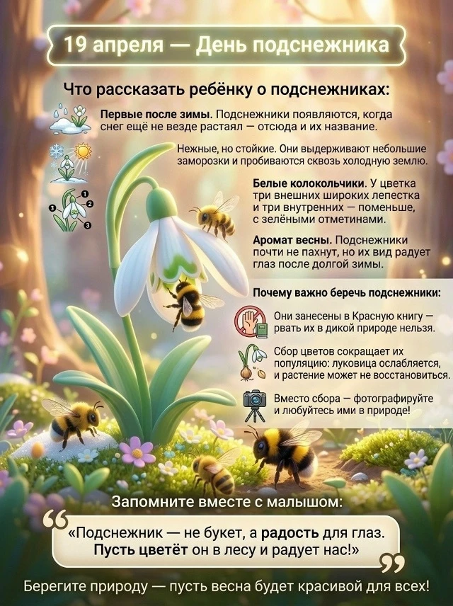 🌿 19 апреля — День подснежника! 🌸

Этот нежный цветок — настоящий герой: пробивается сквозь остатк