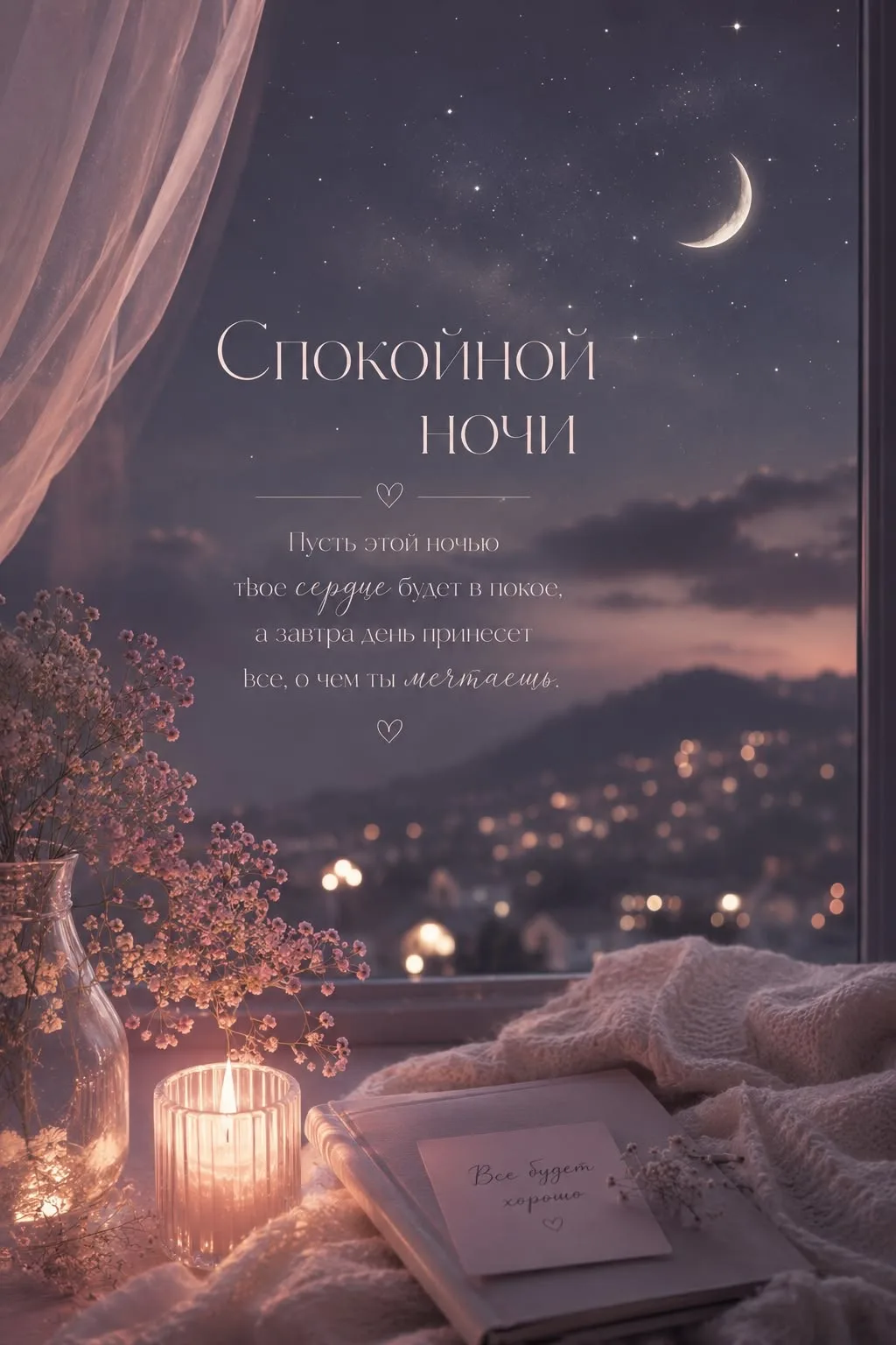 Спокойной ночи! Пускай твой сон будет сладким и крепким. Чтоб тебе приснилось что-то очень приятное,
