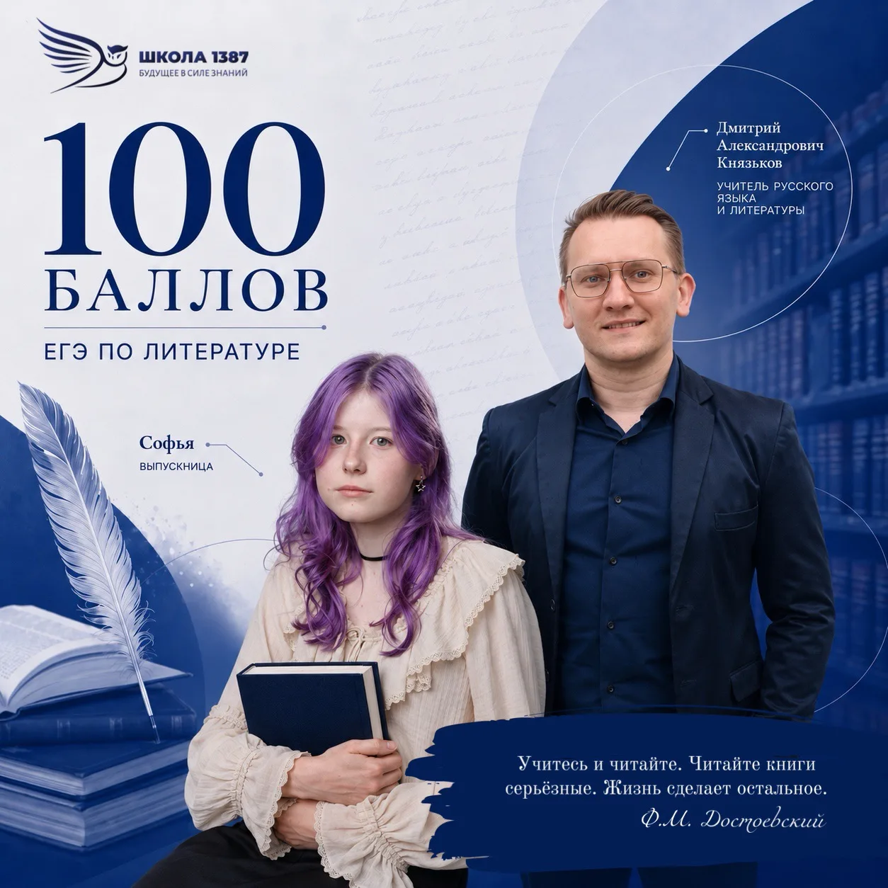 100 баллов ЕГЭ

Ученица 11 «Т» класса Софья получила 100 баллов на Едином государственном экзамене п