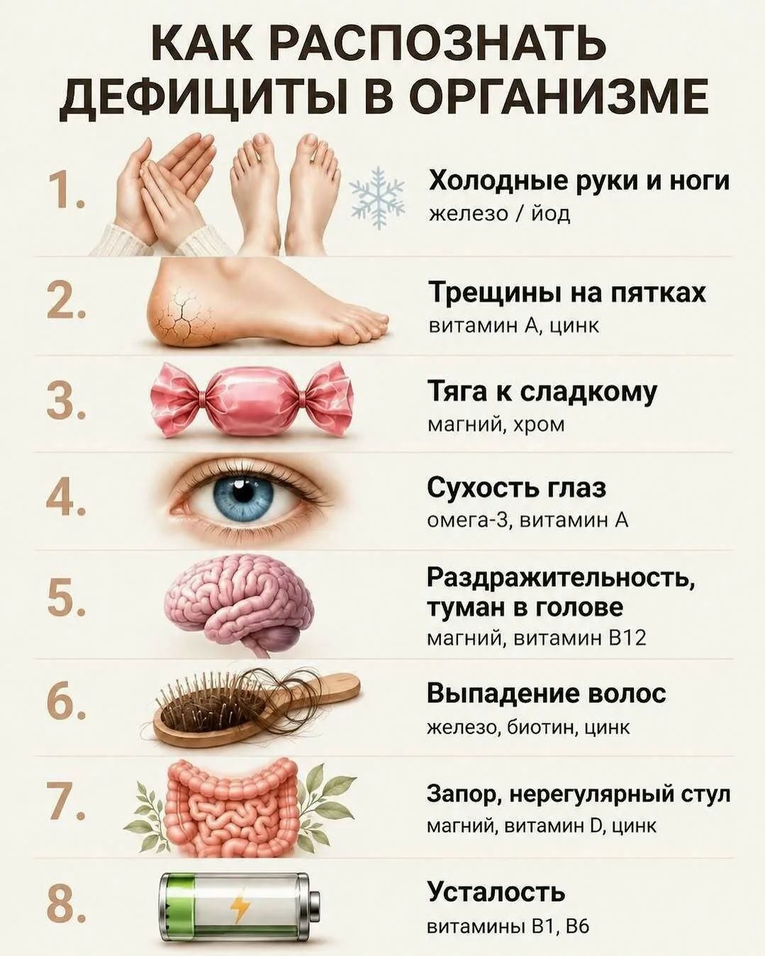 1. Холодные руки и ноги: возможен дефицит железа или йода.