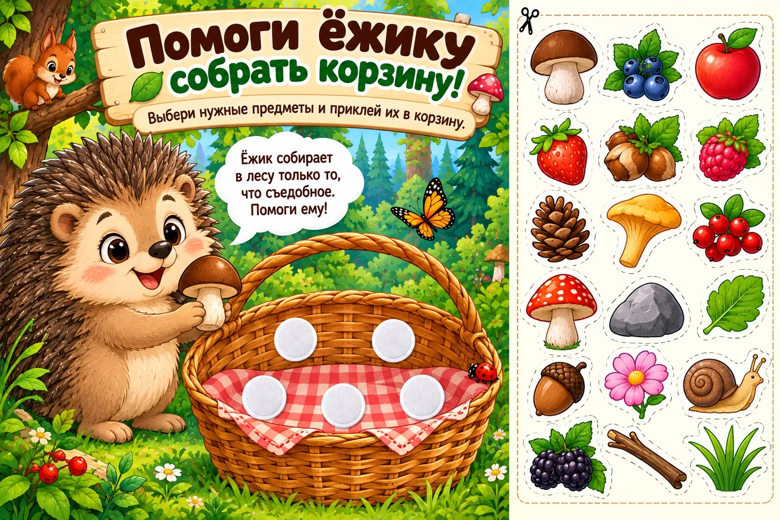 Бесплатная игра на липучках «Помоги зверям собрать корзину»