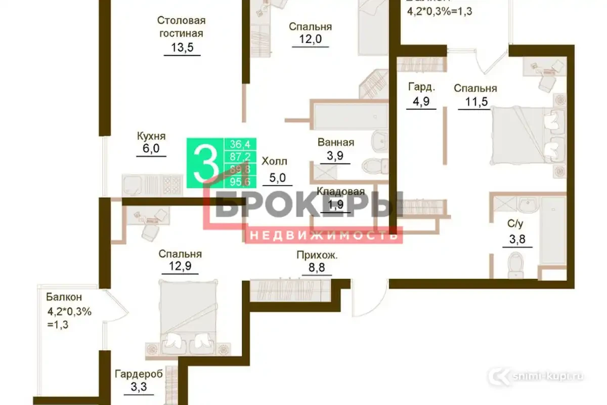 Квартира, 3-к, 89.8 м², 12 эт.