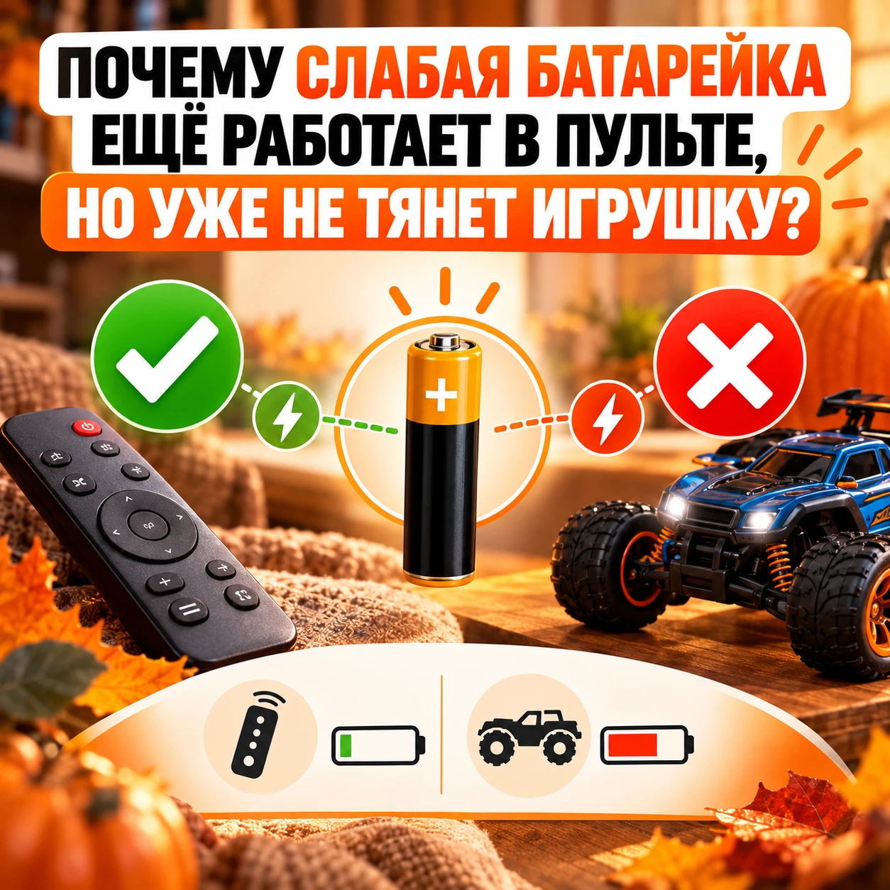 Почему слабая батарейка ещё работает в пульте, но уже не тянет игрушку?