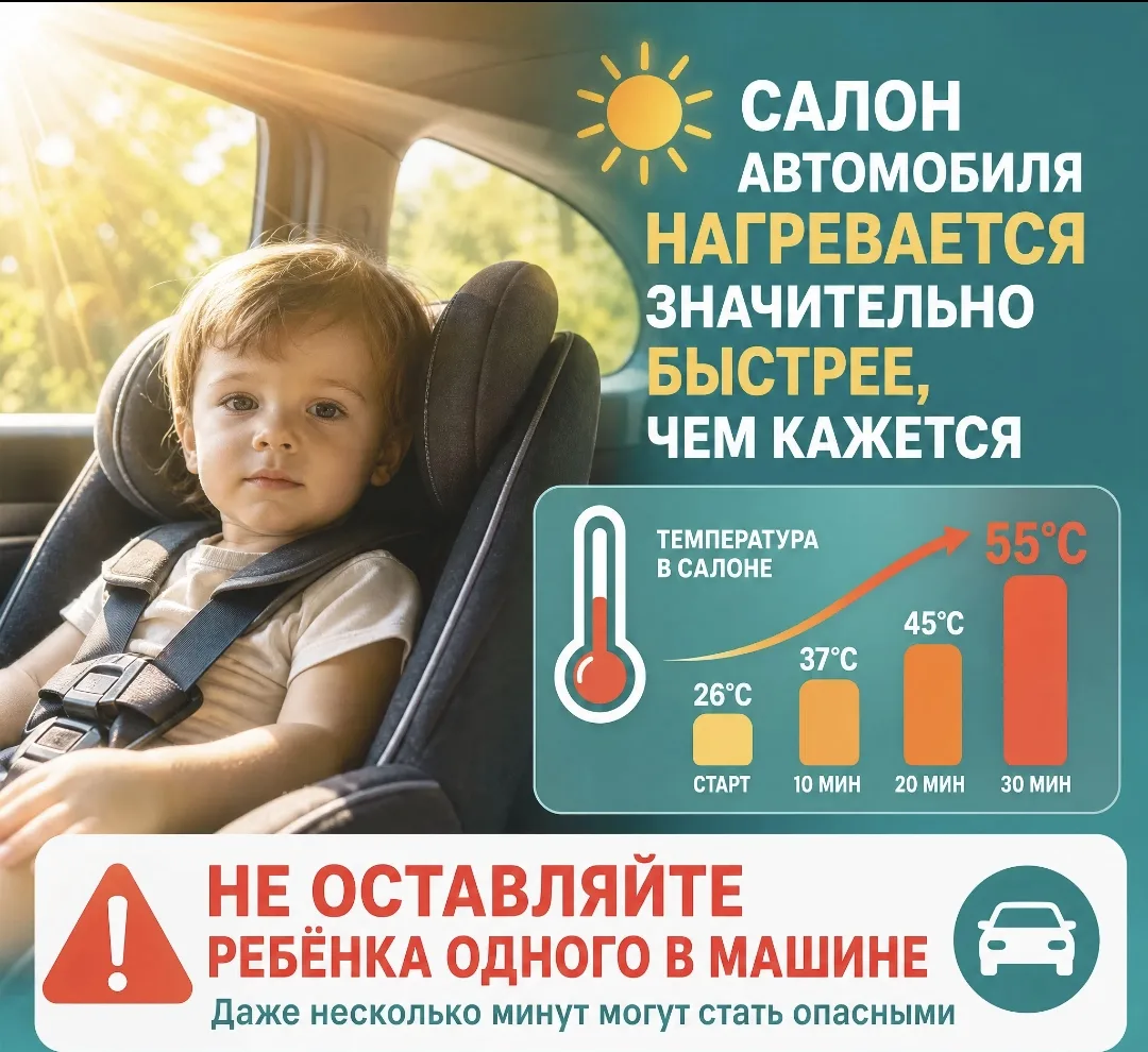 💥  Жара не прощает ошибок!
Лето — время семейных поездок и ярких впечатлений. 🚗
☀️ Оставленный без
