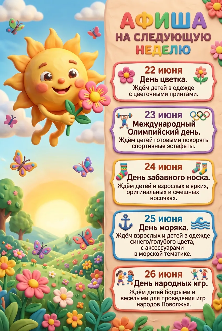 🌼✨ Увлекательная неделя в детском саду: что нас ждёт? ✨🌼 

Приготовьтесь к следующей яркой и насыщ