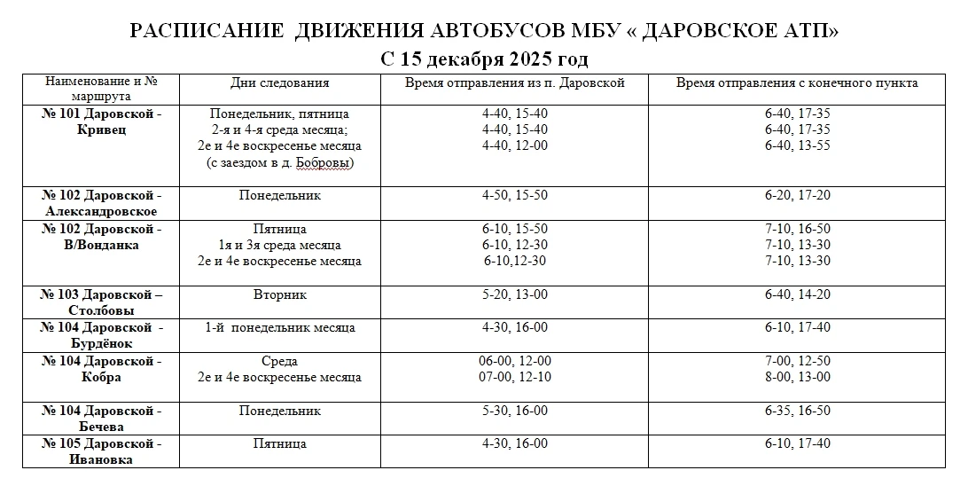 Даровское АТП сообщает