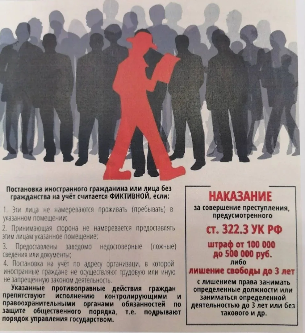 Фиктивная постановка на учёт иностранных граждан по месту пребывания, без последующего ...