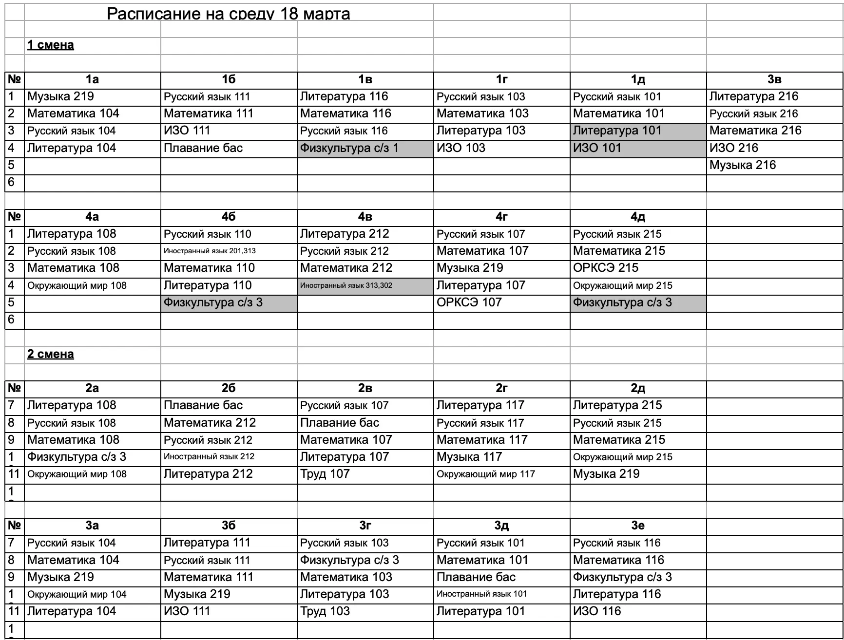 Расписание на 18 марта (среда)