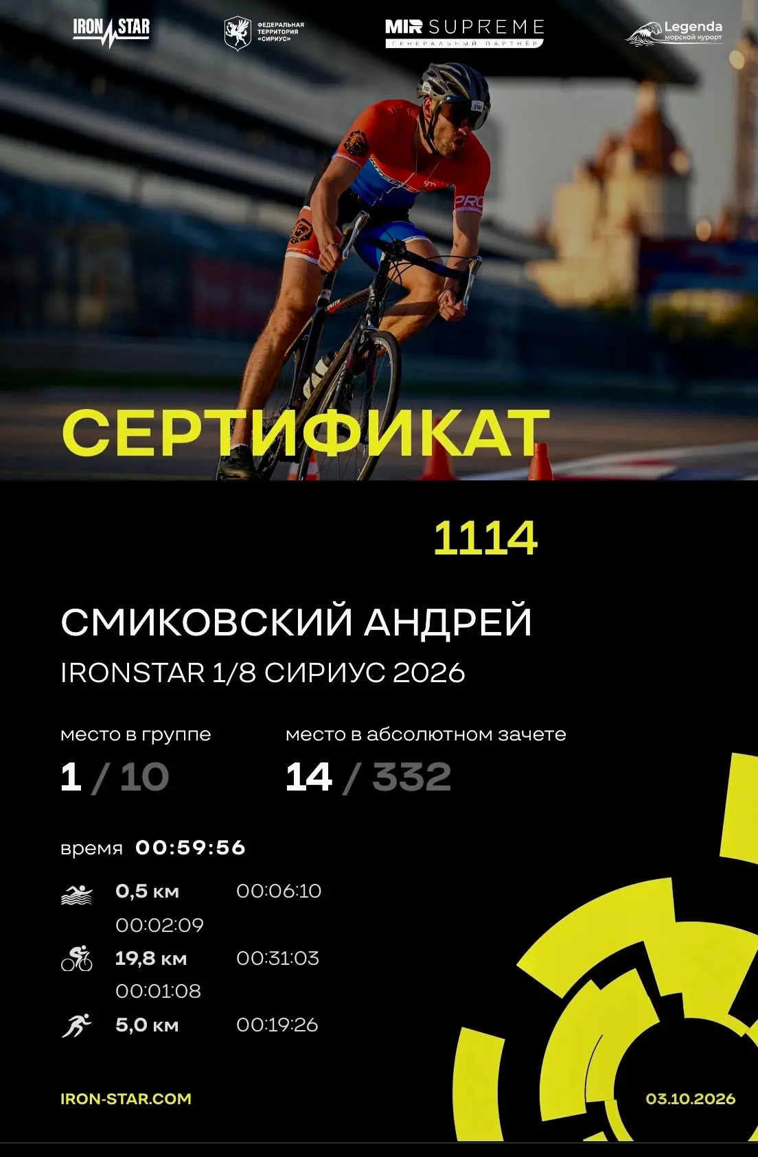 3 октября прошли соревнования по триатлону IRONSTAR 1/8 Сириус 2026