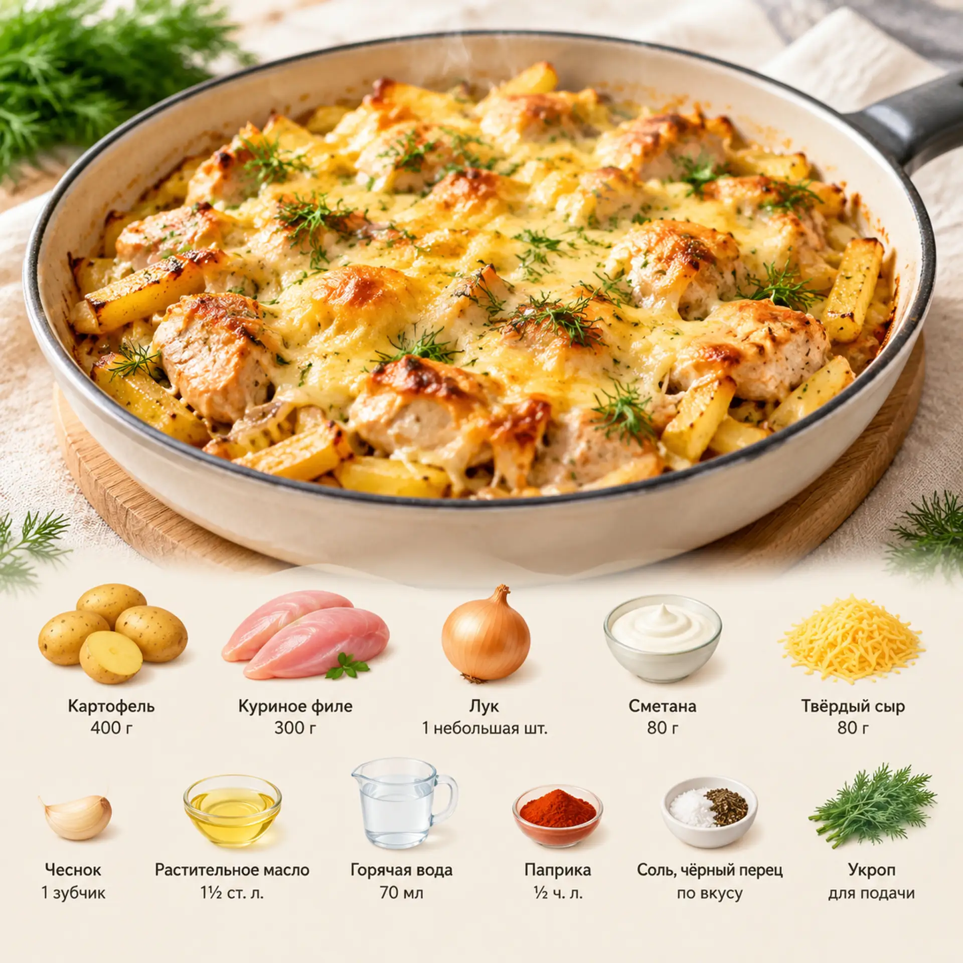 Картофельная сковородка с курицей под сырной корочкой 🤤