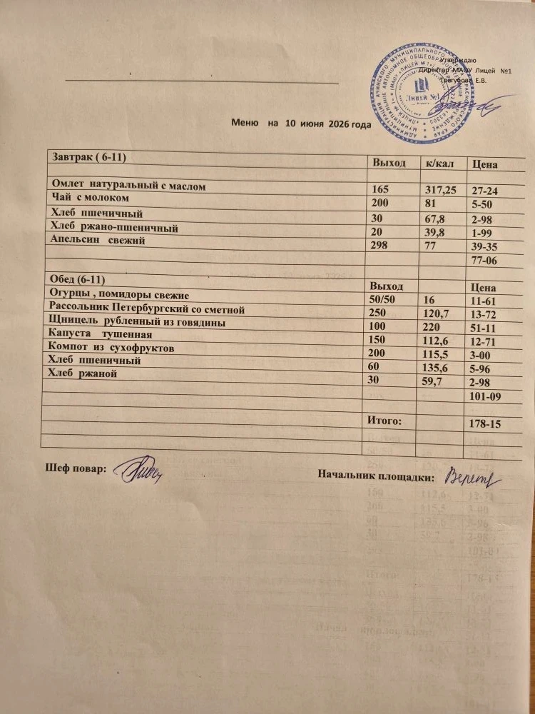 Меню учреждения с дневным пребыванием детей - 10 июня