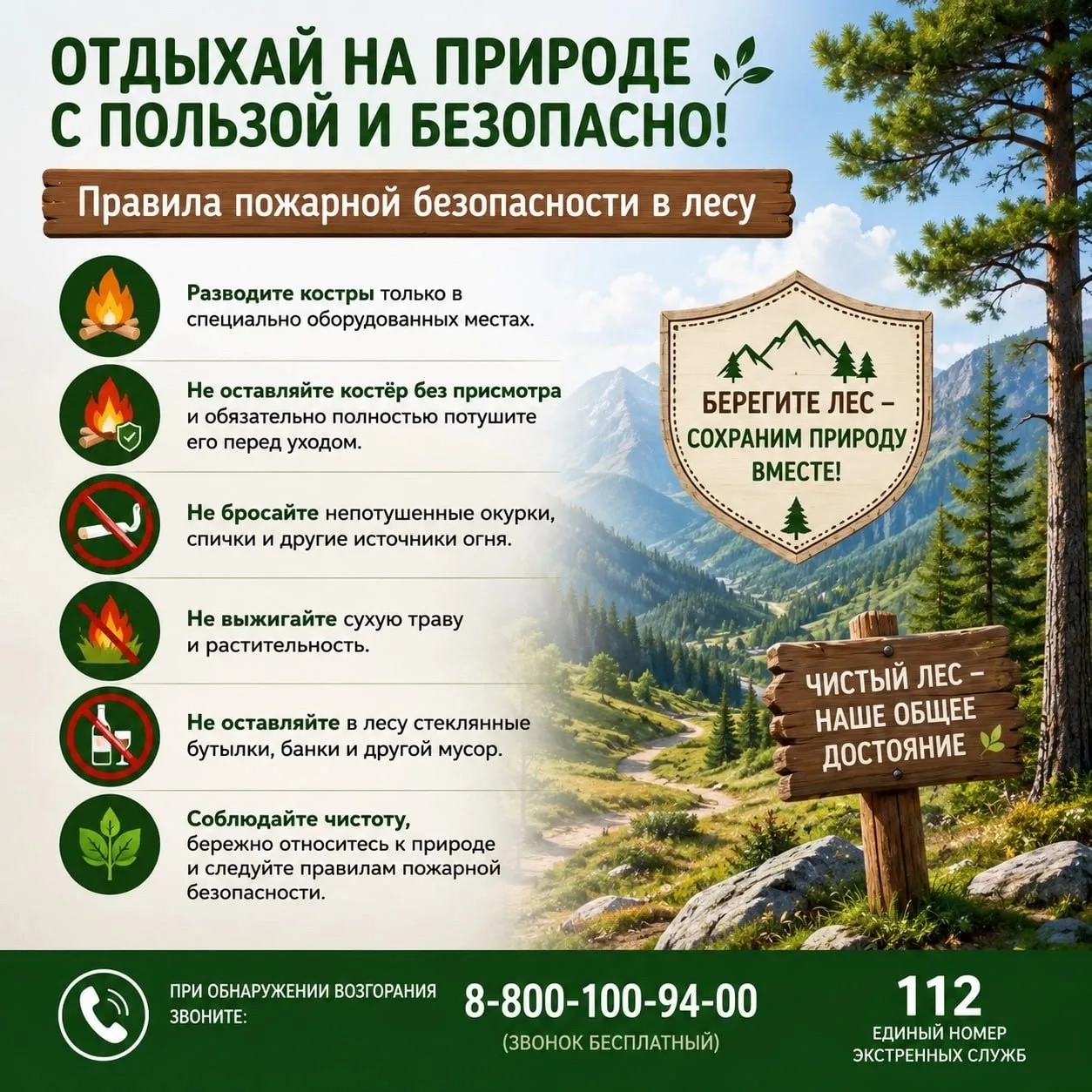 Отдыхайте на природе безопасно

Чтобы сохранить его красоту для будущих поколений, важно соблюдать п