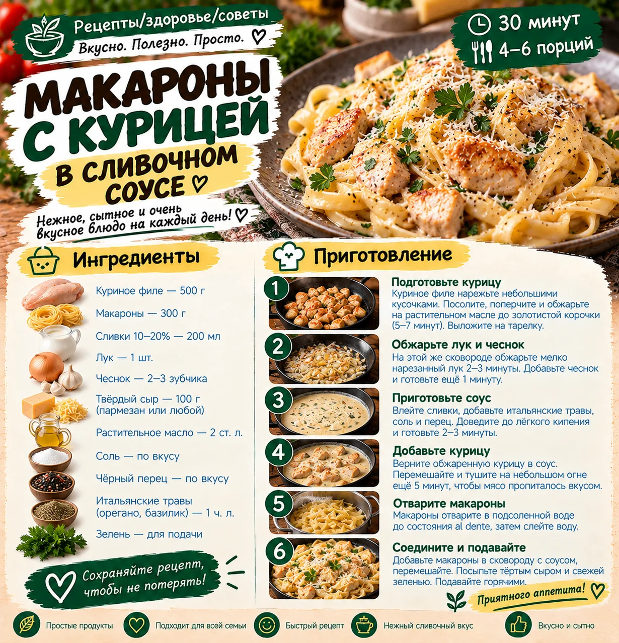 🍝 МАКАРОНЫ С КУРИЦЕЙ В СЛИВОЧНОМ СОУСЕ