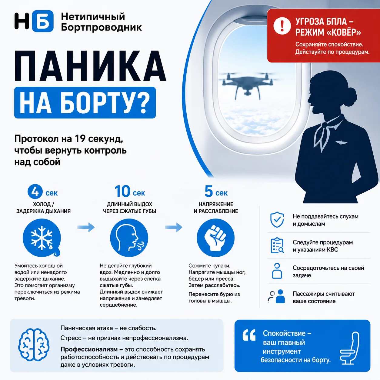 🚨 Паника на борту? Используй правило 19 секунд

Бортпроводники регулярно сталкиваются со стрессовым