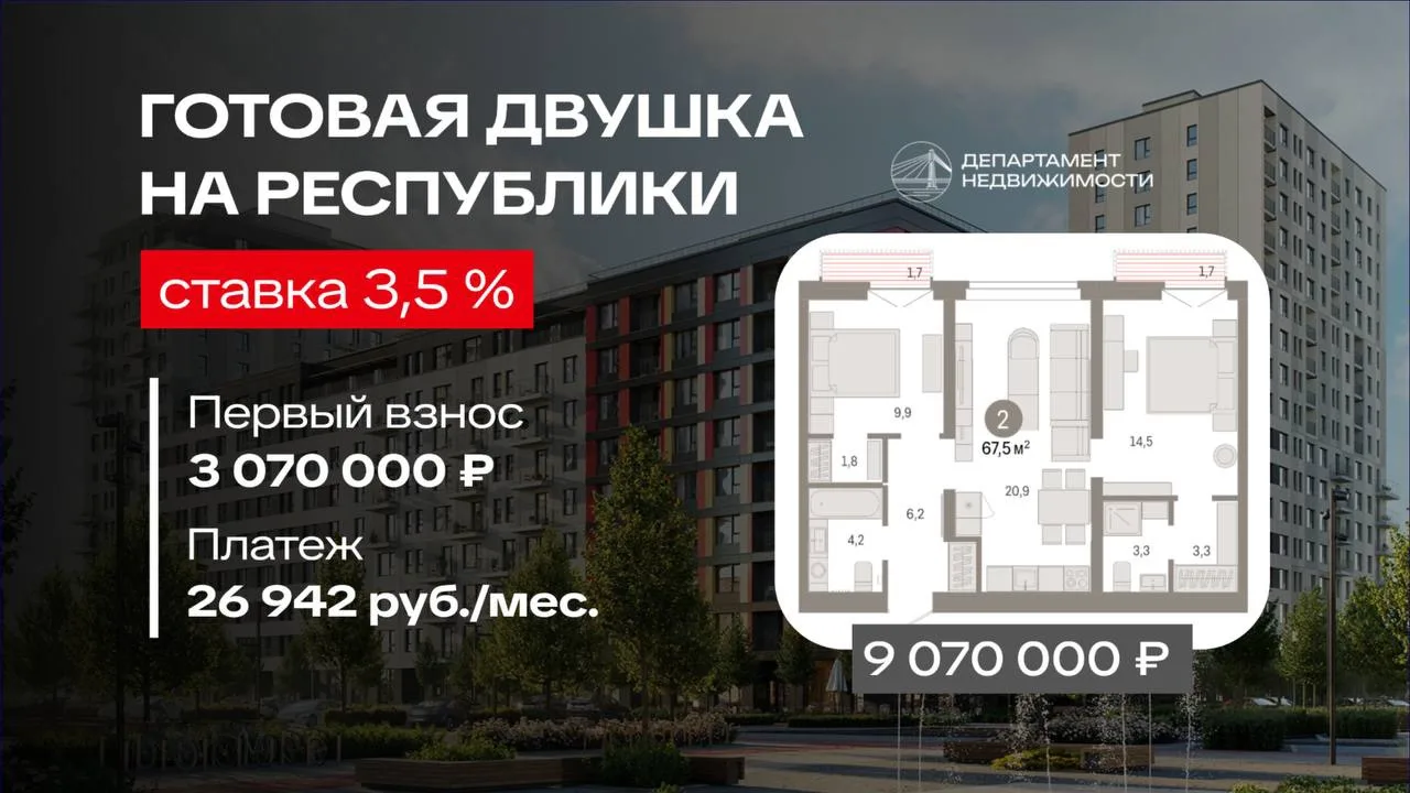Готовая двушка на республики под ставку 3,5%