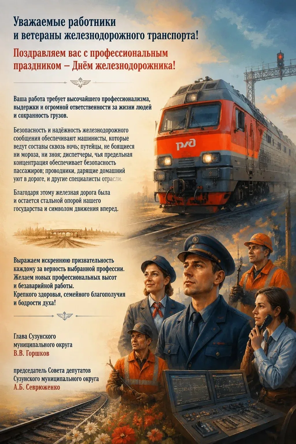 Уважаемые работники и ветераны железнодорожного транспорта!
Поздравляем вас с профессиональным празд